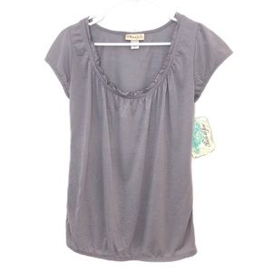 Belle Du Jour Gray Blouson Blouse with Ruffled Scoop Neck and Cap Sleeve NWT